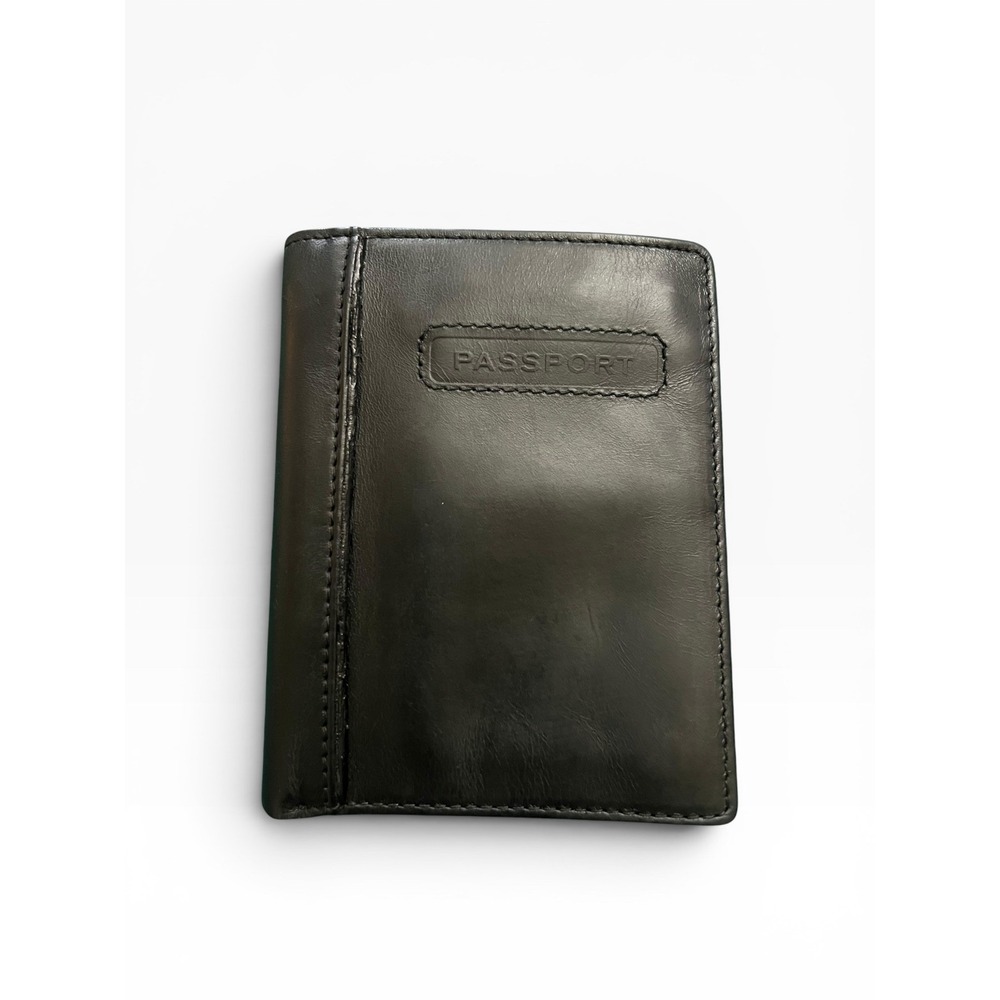 Vintage Fossil Black Leather Passport Holder Wallet Zipper Pocket Billfold Case